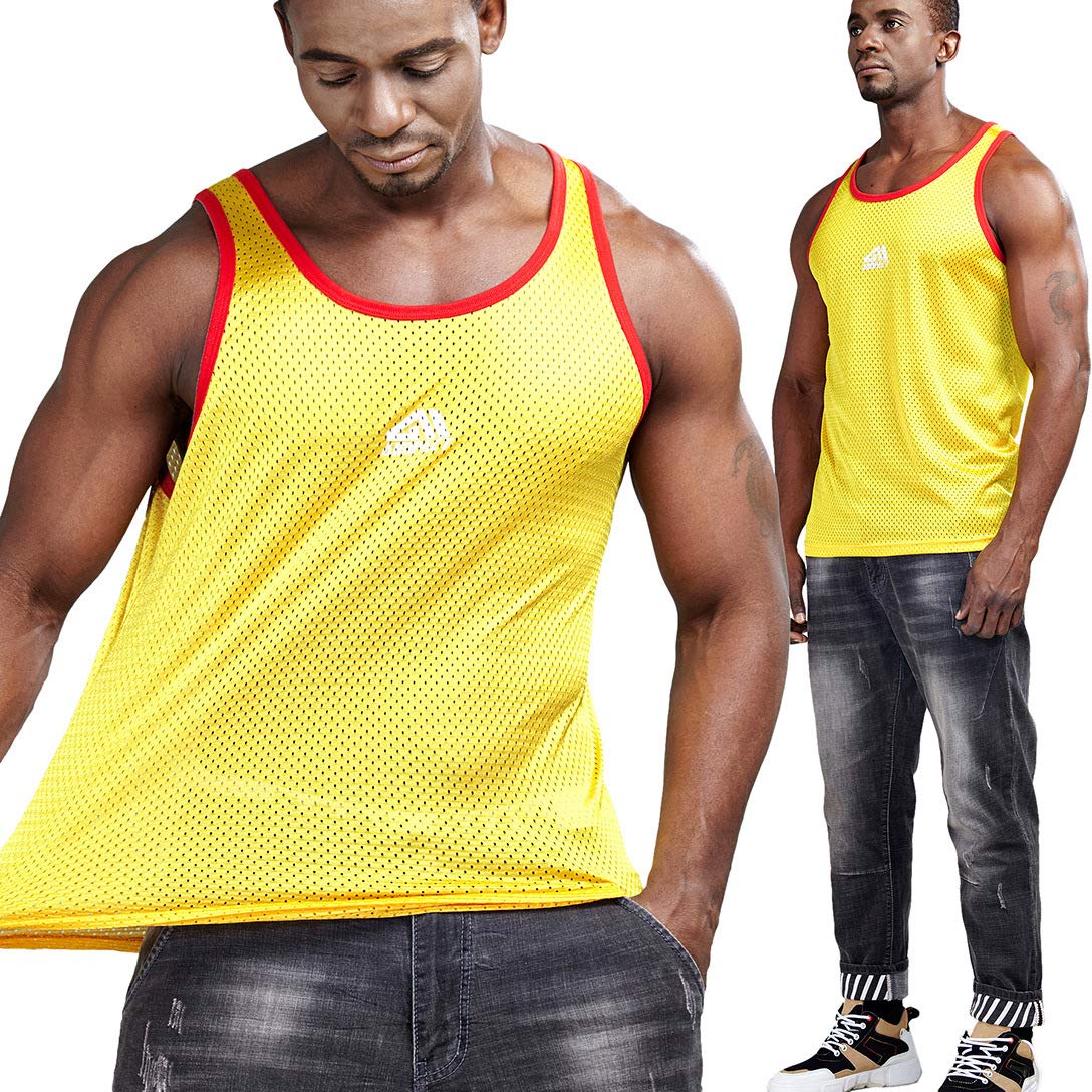 AIMPACT Mens Casual Basic Tank Tops Mesh Quick Dry Workout Running Sleeveless Shirts(Yellow S)